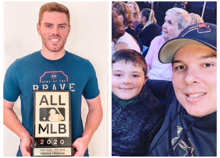 On Left: Freddie Freeman Pictured With His All-MLB 2020 Team Plaque And On Right: His Brother Andrew Freeman Pictured With His Son At A Blake Shelton Concert