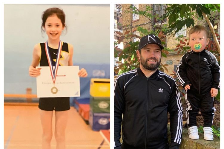 On Left: Heidi Ryder Pictured With Her Gold Medal In Gymnastics And On Right: John Poses With His Son Brody