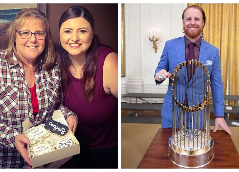 On Left: Jillian Turner, Justin Turner's Sister Poses With Their Betsy Turner With A Cake And On Right: Justin Turner Is Pictured With The 2020 Championship Trophy And Ring