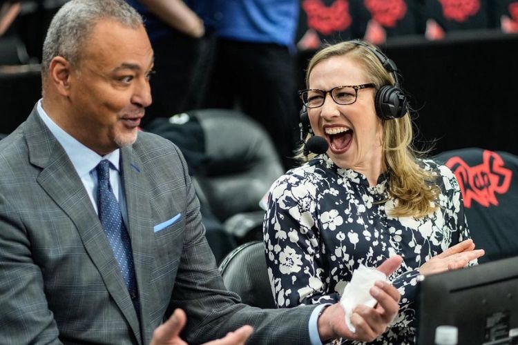 Kate Scott Pictured With Alaa Abdelnaby During Their Commentary Duties For 76ers