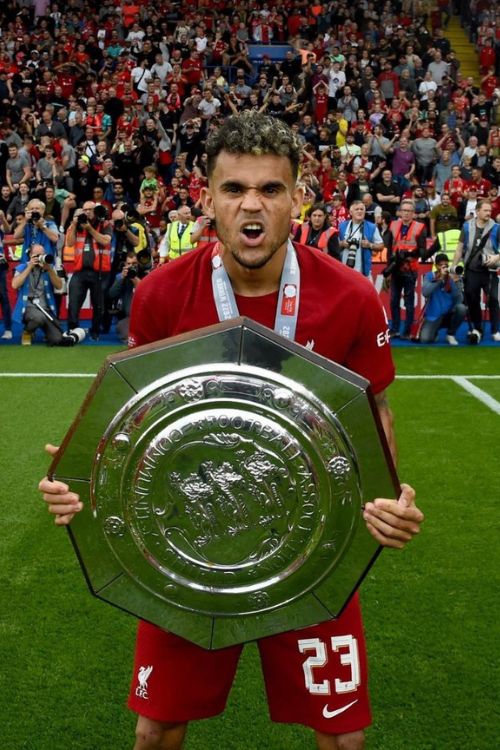 Luis Diaz Celebrates Winning The Community Shield Trophy In 2022 As Liverpool Beat Man City 3-1