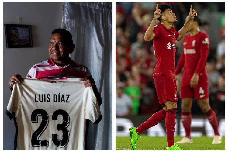 Luis Manuel Diaz Holds Up His Son's Liverpool Jersey 