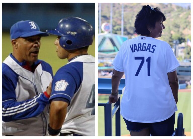 Miguel Vargas' dad, Lazaro Vargas Pictured Giving Him Advice And On Right: His Mother Ivonne Pictured In Dodgers' Jersey