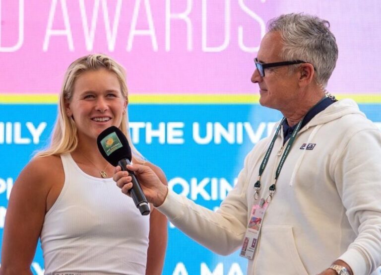 Peyton Stearns Being Interviewed At Indian Wells Tennis Tournament In March 2023