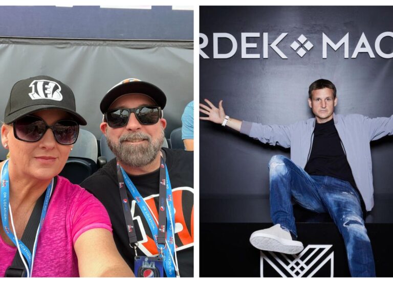 On Left: Denise Dyrdek With Her Husband Attend Super Bowl 2022 And On Right: Rob In Front Of His Company's Poster