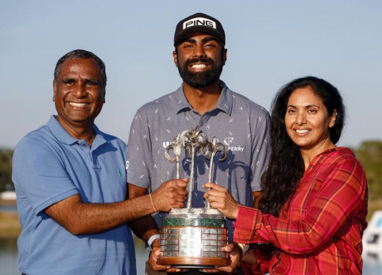 Sahith Theegala Pictured With His Parents Murlidhar And Karuna Holding The QBE Shootout Trophy In December 2022
