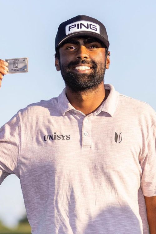 Sahith Theegala Pictured Holding His PGA Tour Membership Card At The Victoria National Golf Club In September 2021