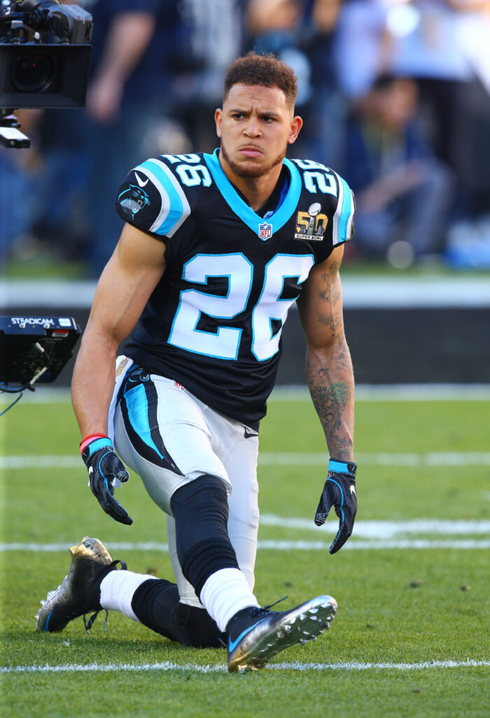 Carolina Panthers cornerback Cortland Finnegan (26) against the Denver Broncos during Super Bowl 50 at Levi's Stadium. 