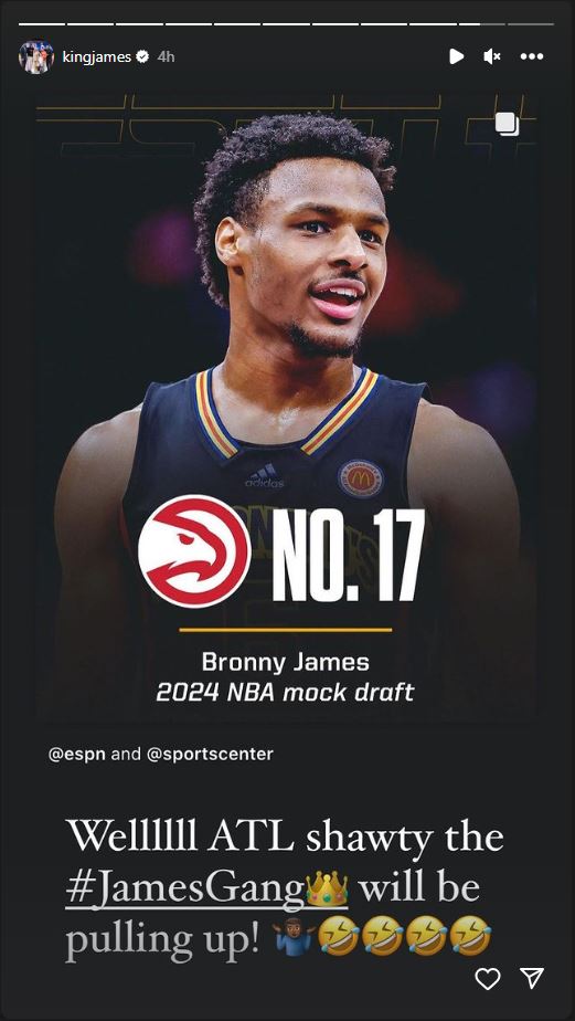 LeBron James Instagram Story: ESPN's 2024 NBA Mock Draft Projects Bronny James With The Hawks