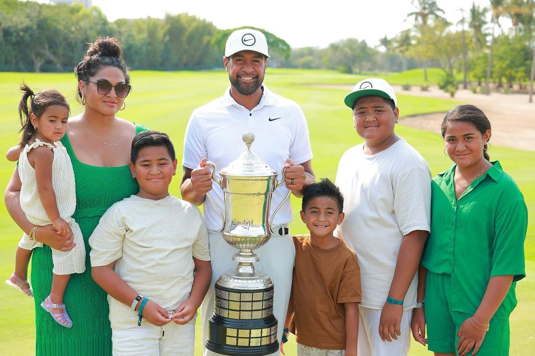 Tony Finau Celebrating The 2023 Mexican Open Championship With His Wife And Kids