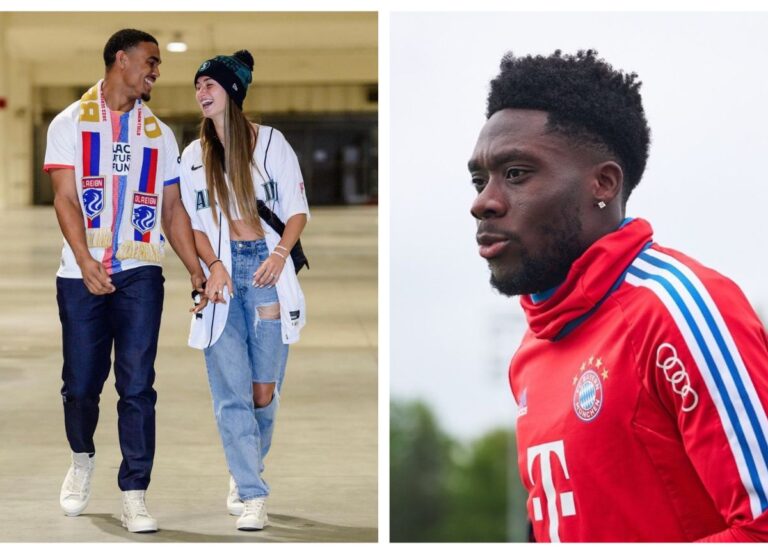 On Left: Jordyn Huitema Pictured With Her New Partner, Julio Rodriguez And On Right: Alphonso Davies Pictured During Bayern Munich Training