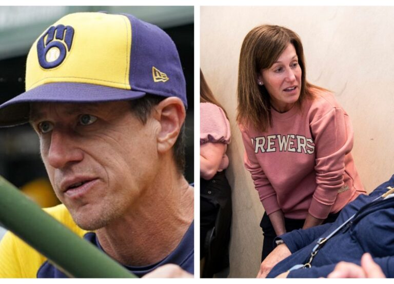 Craig Counsell Pictured During One Of Brewers' Game And On Right: Craig's Wife, Michelle Counsell Pictured At Aurora Health Care