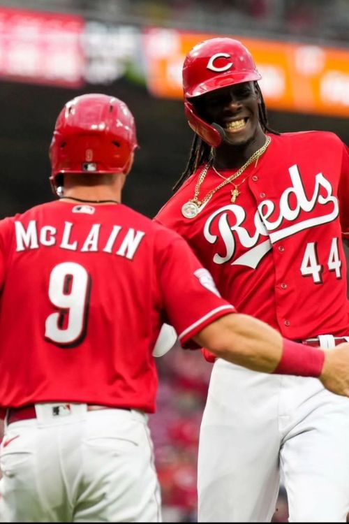 Elly De La Cruz Celebrates With Teammate Matt McLain After Scoring Debut Home Run Against The Dodgers