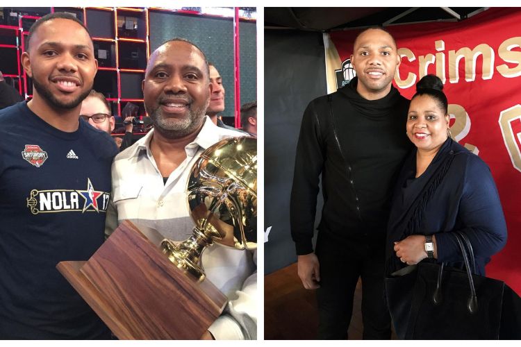 On Left: Eric Gordon Pictured With His Eric Gordon Sr Holding The 3-Point Contest Trophy And On Right: Eric Pictured With His Mom, Denise Gordon At An Event 
