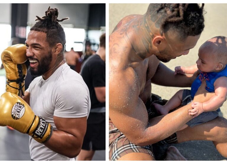 Kevin Lee (L) Pictured Training For His Fight And On Left With His Son Kenzo In Miami