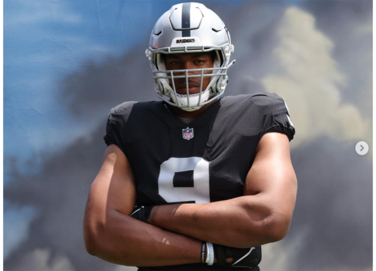 Tyree Wilson donnes the jersey number 9 and plays for the Las Vegas Raiders of the NFL