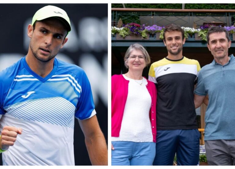 Aleksandar Vukic Pictured With His Parents Radoje And Ljiljana At Wimbledon In 2023