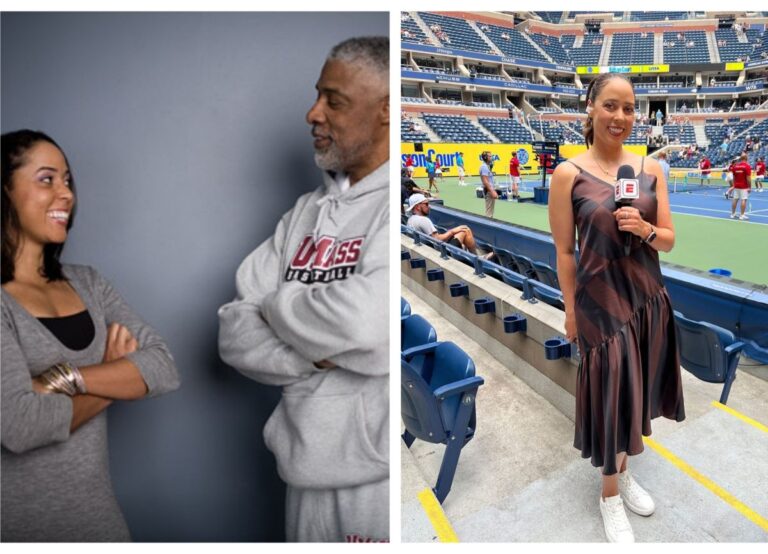 On Left: Alexandra Stevenson Pictured With Her Father Julius Erving In 2008 For ESPN And On Right: Samantha Pictured In Her Reporting Duties With ESPN