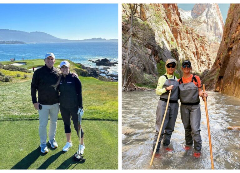 Bailey Tardy Pictured With Her Dad, Bob, At A Golf Course And With Her Mom, Kim During A Hike