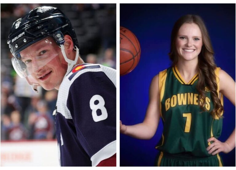On Left: Cale Makar Pictured In His Avalanche Gear And On Right: His Girlfriend Tracy Pictured In Her High School Basketball Jersey