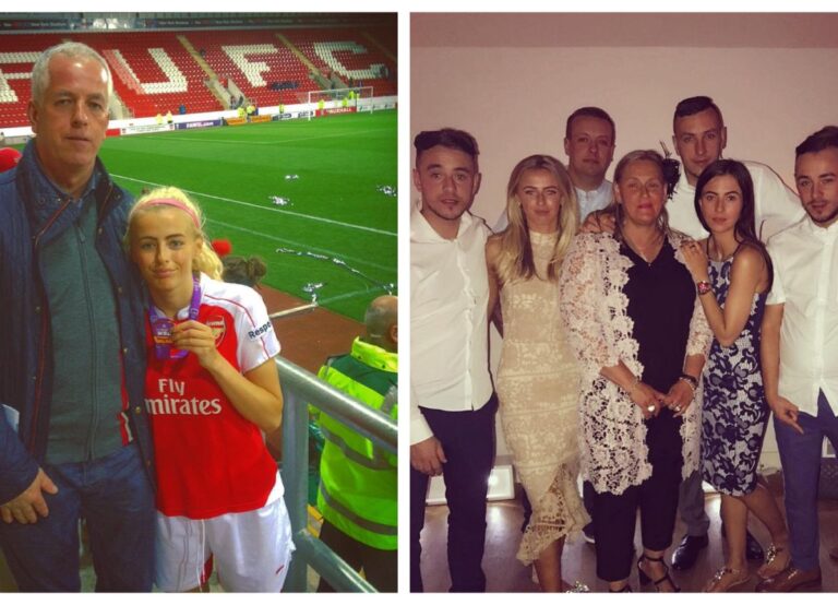 On Left: Chloe Kelly With Her Father, Noel, And On Right: Kelly With Her Mother, Jane, Five Brothers, And Sister, Paris