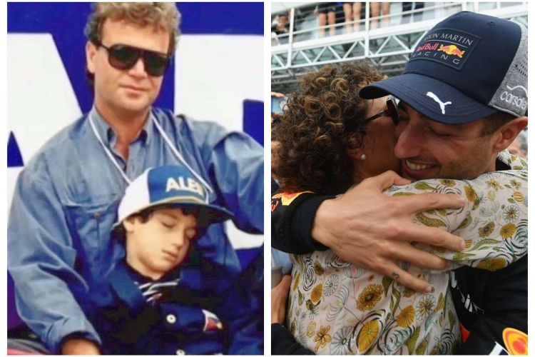 On Left: Young Daniel Ricciardo Falls Asleep On His Dad, Joe's Lap, And on right: Daniel Celebrates Winning The Race With His Mom 