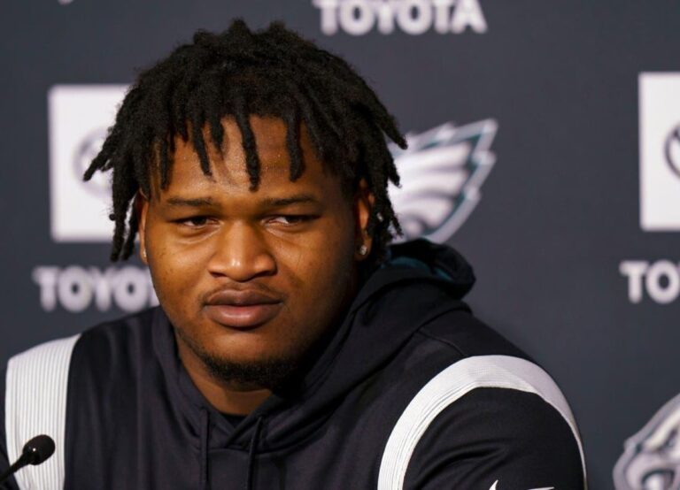Jalen Carter Pictured Addressing The Media After Being Drafted By The Eagles In The 2023 NFL Draft