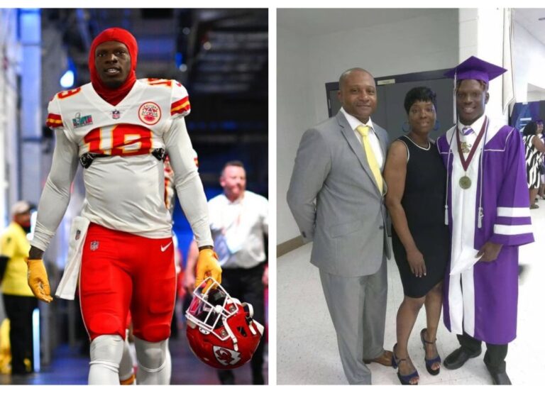 Kadarius Toney Pictured In His Chief's Gear In 2023, And On Right: His Parents, Dana Toney And Angela Williams In His High School Graduation