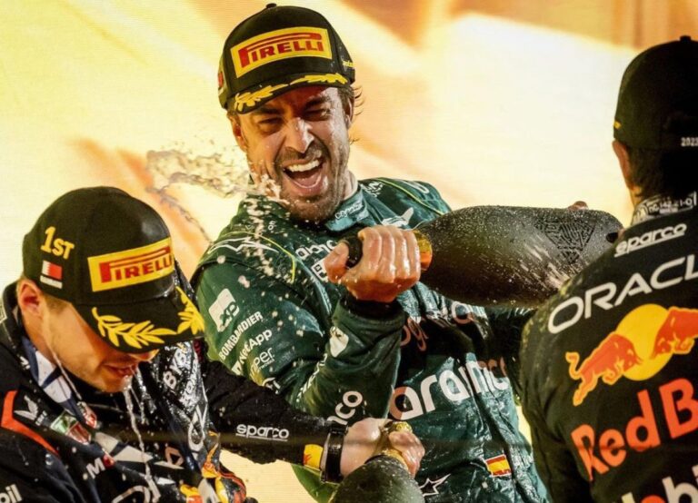 Fernando Alonso Celebrates With Max Verstappen After Getting A Podium Finish In The Bahrain GP