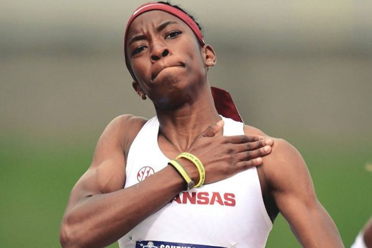 Janeek Brown Pictured Celebrating After Winning An Event During Her Time With The University of Arkansas 