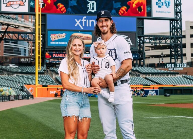 Michael Lorenzo Pictured With Wife Cassi Lorenzo And Daughter June Lorenzo On Family Day In July 2023 At Comerica Park