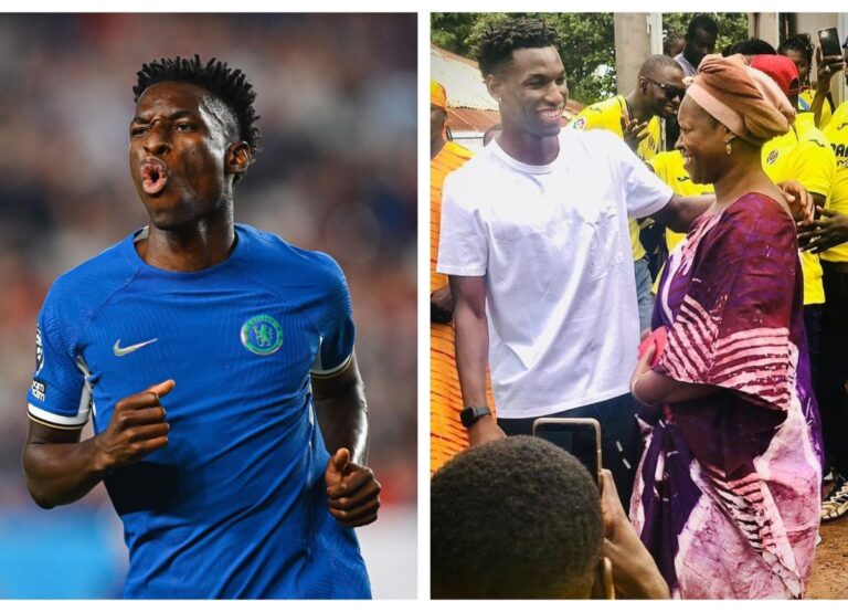 The Chelsea Striker Nicolas Jackson Pictured With His Mother Lynette Jackson In His Hometown In Senegal