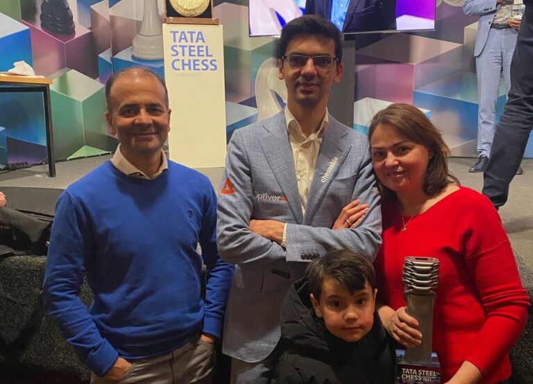 Anish Giri Pictured With His Parents, Sanjay, And Olga Giri During The TATA Chess Championship In January 2023