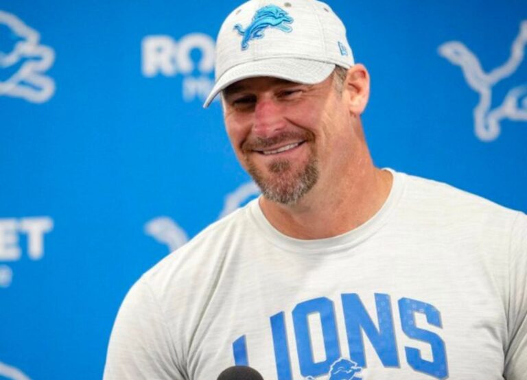 Dan Campbell Pictured In A Press Conference Answering The Media Questions As The Lions Head Coach