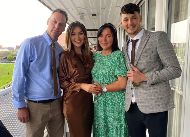 James Trafford Pictured With His Parents, James, And Alison, And His Sister, Charlotte During The Chester Race In 2022