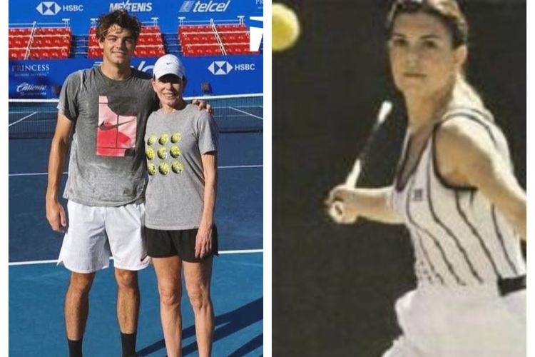 A Young Kathy May During Her Youth On The Right, And May With Her Son, Taylor During Tennis Practice Session On The Left