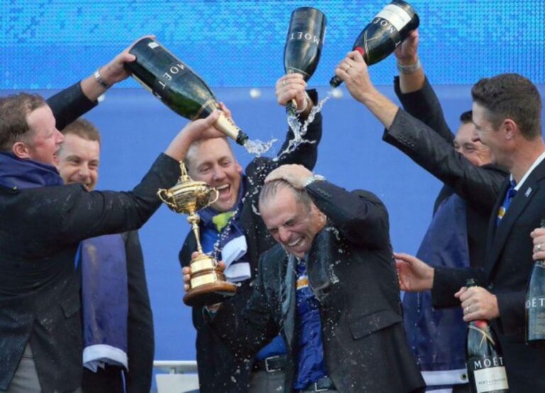 Paul McGinley Celebrates With Team Europe Winning The Ryder Cup 2014