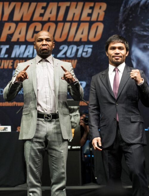 Floyd Mayweather And Manny Pacquiao Posing Together After The News Conference In 2015