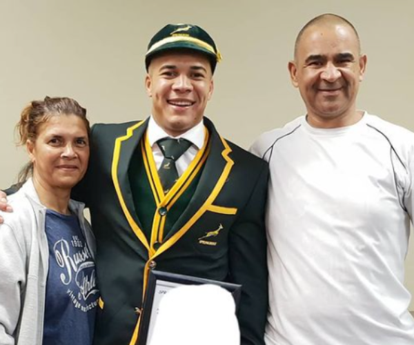 Cheslin Kolbe With His Parents Posing For A Photo