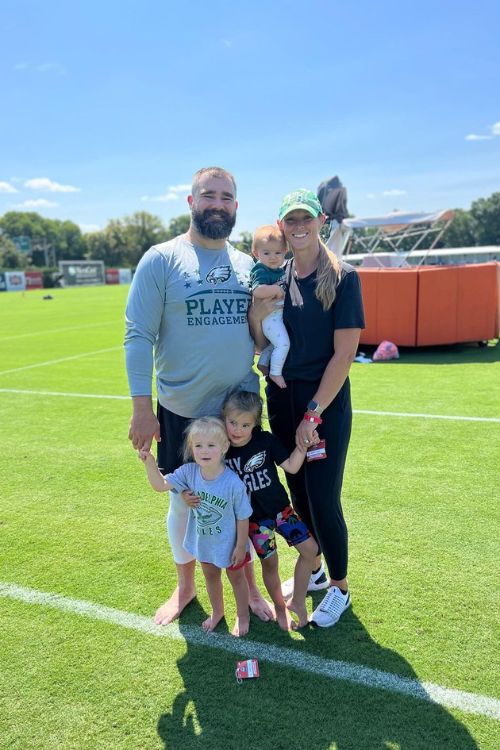 Jason Kelce With His Wife, Kylie McDevitt And Daughters, Bennett, Elliotte and Wyatt At Novacare Eagles Training Complex