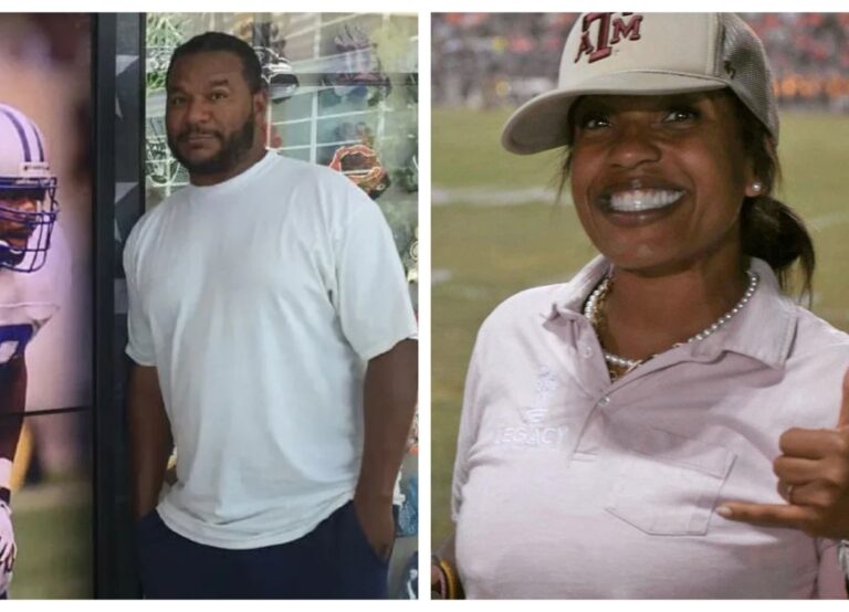 Reggie Brown Pictured Infront Of His Image At Detroit Lions' Ground And On Right Kerrie Present At Texas A&M Grounds