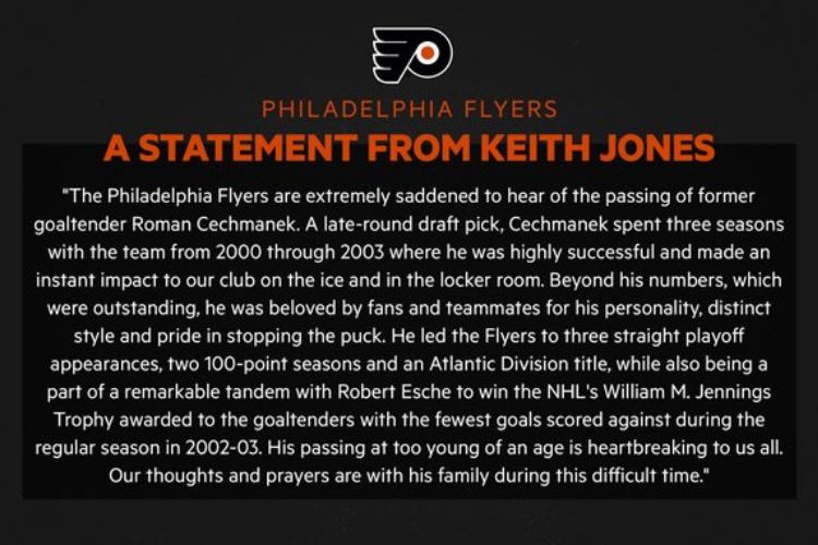 The Flyers President Keith Jones Released A Statement After Roman's Demise On Sunday, November 12