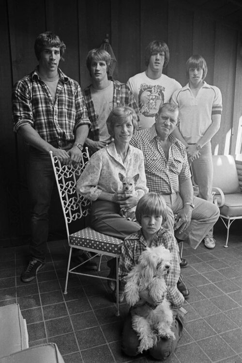 Generations of Strength: The Von Erich Family - Kerry, Kevin, David, and Mike (standing), Doris and Fritz (seated), and Chris (kneeling)