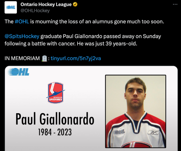 OHL Posts On Twitter Mourning The Loss Of Paul Giallonardo
