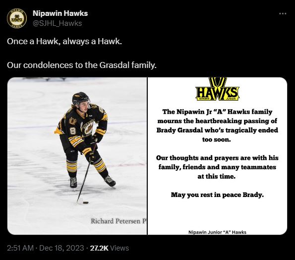 Remembering Brady Grasdal: The Nipawin Hawks Mourn the Loss of a Teammate and Friend