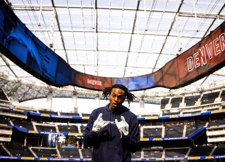 Lil Jordan Humphrey Strikes A Pose At The Broncos' Stadium Empower Field At Mile High