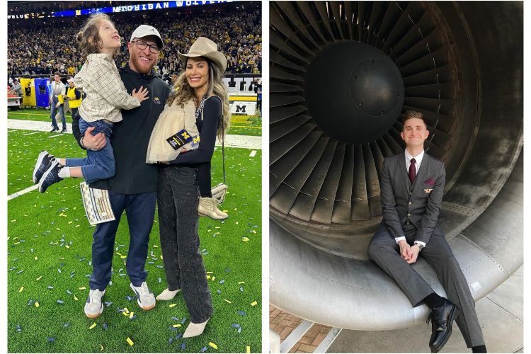 Jay Harbaugh Pictured On The Left With His Wife Brhitney, And His Daughter, And On The Right, James Harbaugh Jr Pictured On Duty With Delta Air Lines