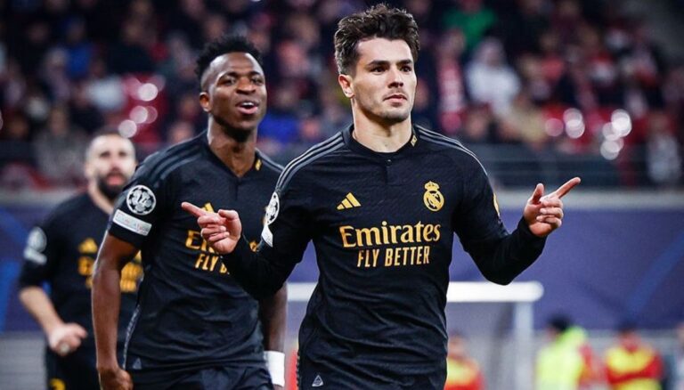 The Real Madrid Player Brahim Diaz Celebrates After Scoring Against RB Leipzig