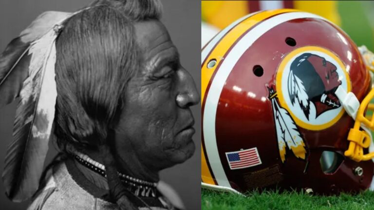 Blacfeet chief and his image as the logo for Washington Redskins in different frame