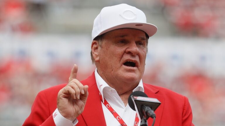 Pete Rose pictured while speaking in mic